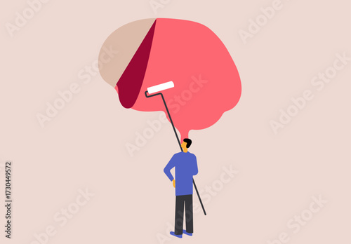 Man putting brain shape sticker on wall, mental health illustration