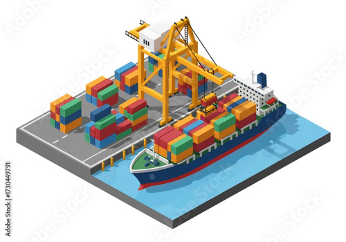 3D Isometric view illustration of a busy cargo port with shipping containers, cranes, warehouses, and freight ships, representing global trade, logistics, and maritime transportation concepts