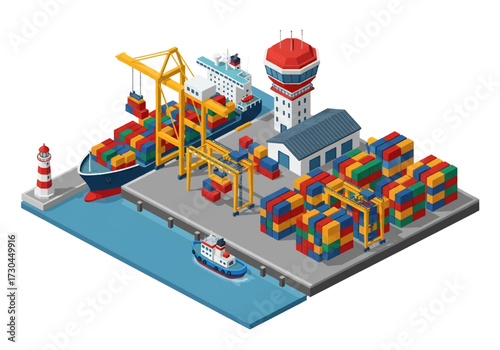 3D Isometric view illustration of a busy cargo port with shipping containers, cranes, warehouses, and freight ships, representing global trade, logistics, and maritime transportation concepts