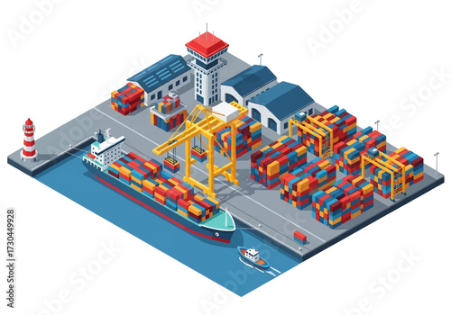 3D Isometric view illustration of a busy cargo port with shipping containers, cranes, warehouses, and freight ships, representing global trade, logistics, and maritime transportation concepts