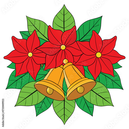 Festive golden bells pair beautifully with bright red poinsettias and vibrant green leaves on white