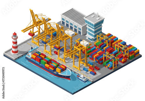 3D Isometric view illustration of a busy cargo port with shipping containers, cranes, warehouses, and freight ships, representing global trade, logistics, and maritime transportation concepts