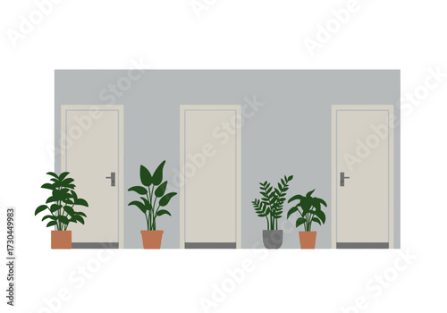 Hallway scene three doors interspersed with potted plants in front of a grey wall