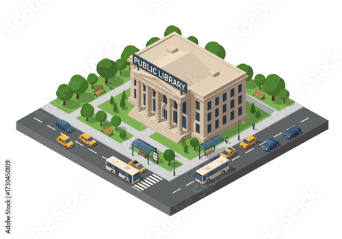 3D Isometric view illustration of a public library surrounded by trees, benches, and city streets with cars and buses, representing education, community, and urban lifestyle concepts