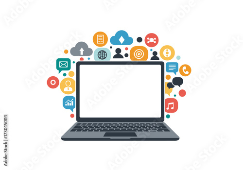 Laptop with app icons surrounding it featuring cloud globe email  messaging symbols