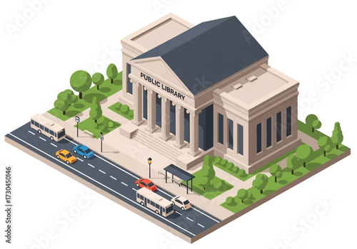 3D Isometric view illustration of a public library surrounded by trees, benches, and city streets with cars and buses, representing education, community, and urban lifestyle concepts
