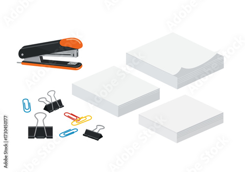 Office supplies include a stapler binder clips paper clips and stacks of paper