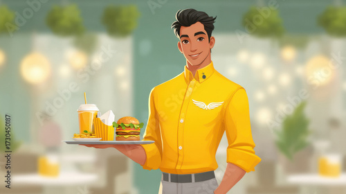 A fair and charming young North Indian male dressed as a waiter in a bright yellow uniform serving a burger meal
