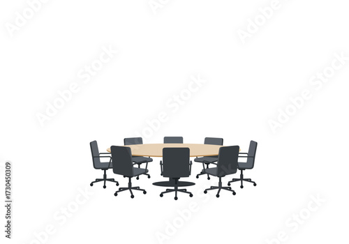 Round table surrounded by eight grey office chairs with wheels in an empty white room