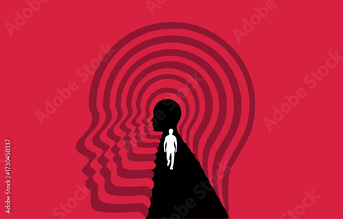 Person walking into face shape cave, mental health depth illustration