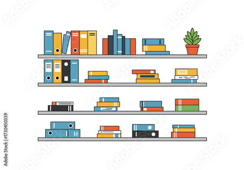 Shelves hold books binders and a potted plant against a white background