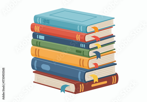 Stacked books of varied colors each with a ribbon bookmark sticking out against a white background