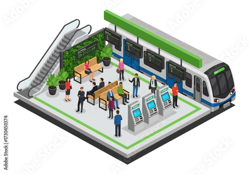 3D Isometric view illustration of people waiting, boarding, and exiting a metro train in a modern subway station with escalators, seating, and ticket machines for urban transportation concepts