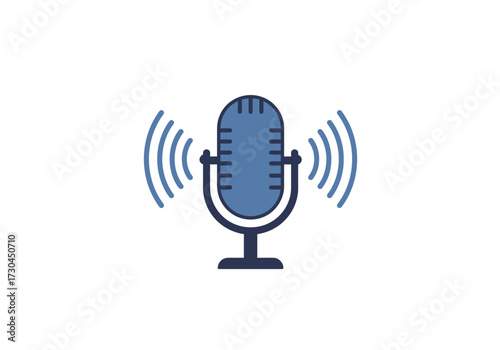 A blue microphone with sound waves emanating from either side sits against a white background