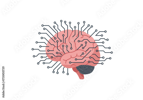 A brain with circuits extending outwards connected to a network
