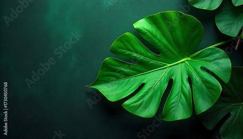 Vibrant green monstera leaves cascade against a deep, moody emerald backdrop, evoking natural luxury and organic tranquility for modern design projects.