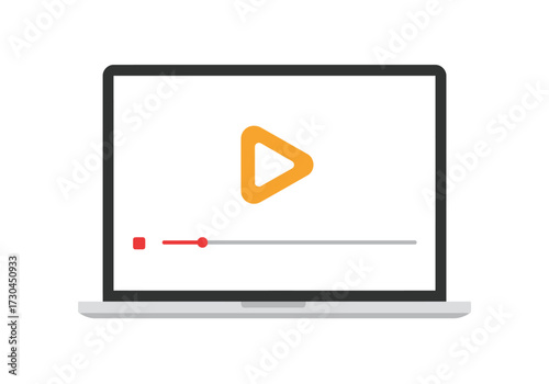 A flat laptop screen displays a play icon and a video progress bar rendered in simple bright colors