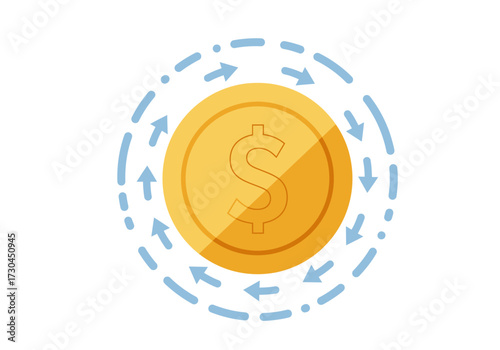 A gold dollar coin with a light blue circle of arrows circulating around it