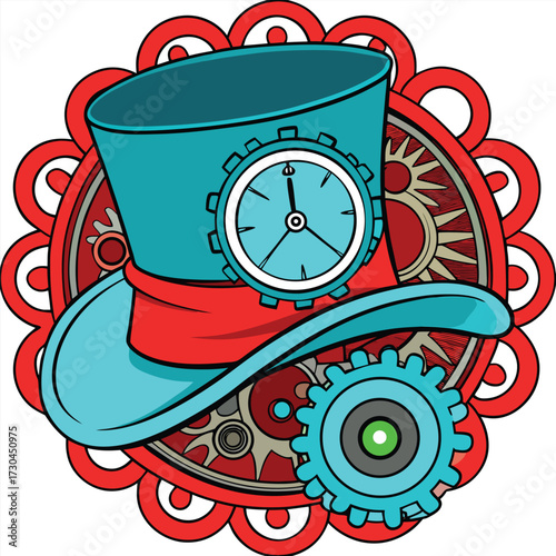 Stylized teal top hat features intricate gears, cogs, and a clock face, presented on white