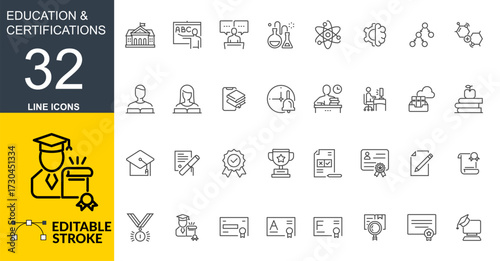 Education and Certification Line Icons – Editable Stroke Vector Set. Academic Achievement, Course, Certificate, Graduation, Diploma Line Icons Collection