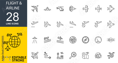 Flight & Airline Line Icons – Minimal Vector Symbols for Aviation, Editable Stroke, Airline, Globe, Navigation, Plane, Airport – 28 Editable Line Style Icons Collection