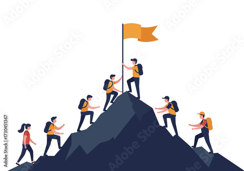 A team summits a mountain planting a flag at the peak
