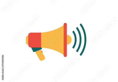 A yellow and red megaphone with radiating green sound waves emanates from its horn on a white background