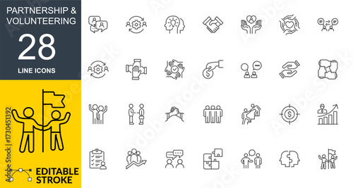 Partnership and Volunteering Line Icons – Editable Stroke Vector Set, Teamwork, Social Impact, Handshake, Volunteer, Community Outline Icon Pack