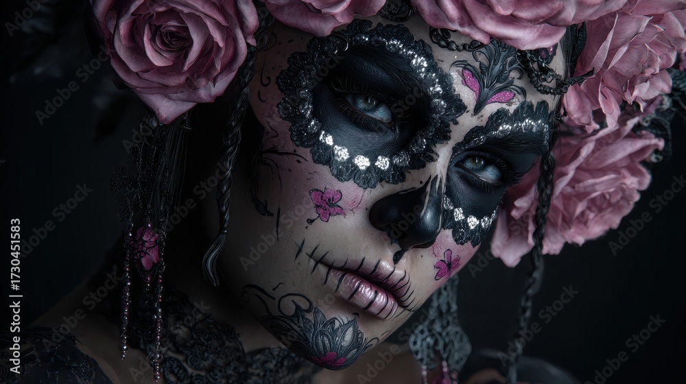 Naklejka premium Elegant Day of the Dead Makeup with Flowers and Dark Background