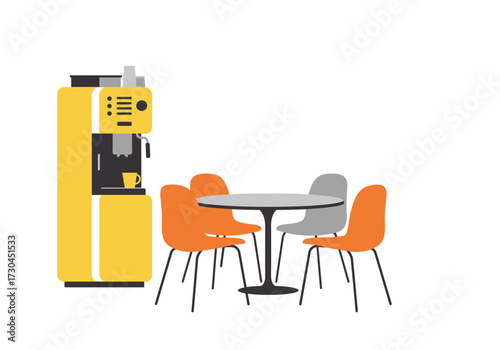 An office break room shows a yellow coffee machine beside a table with three orange and one gray chair