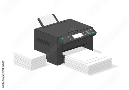 Black printer with input tray control panel and paper stacks on either side against a white backdrop