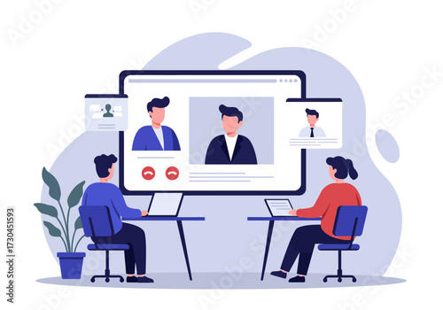 Cartoon depicts two people video conferencing on laptops from separate tables