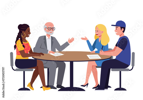 Four people sit around a round table in discussion