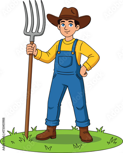 Cartoon farmer standing with pitchfork on grass, wearing hat and overalls, vector illustration for agriculture, rural lifestyle, farming character concepts