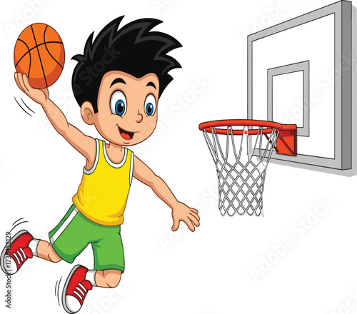 Cartoon boy in mid-dunk near basketball hoop, energetic sports pose, vibrant and dynamic illustration for kids, sports activities content
