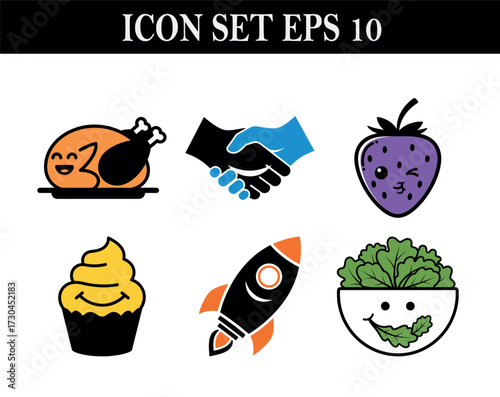 Vector art of icon set eps 10 with food and other objects
