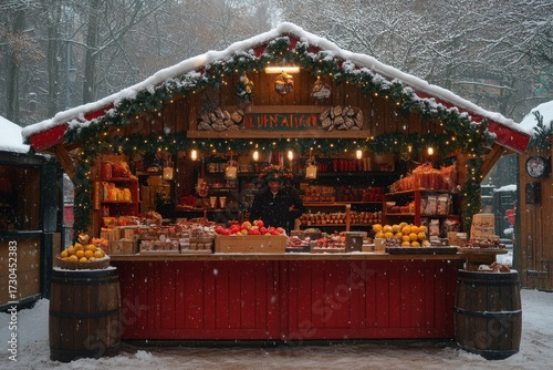 Variety of food stalls at a festive Christmas market.