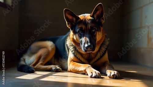Majestic German Shepherd resting serenely bathed in warm natural sunlight, exuding loyalty and calm companionship
