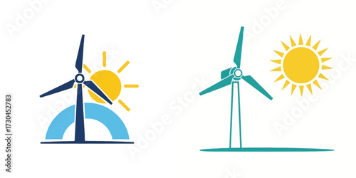 Wind Turbine and Sun Icons Representing Renewable Energy