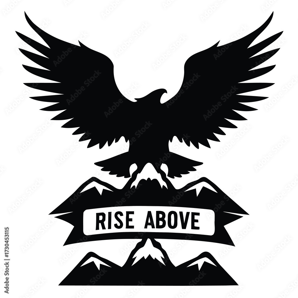 Obraz premium Monochromatic Emblem of a Soaring Eagle Above Mountains with Motivational Message