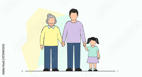 A multi-generational family, including a grandmother, father, and daughter, standing together and holding hands.