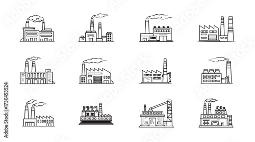 Collection of industrial factory buildings with smoking chimneys hand drawn style vector