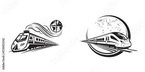 Black and White Vector Art Featuring Express and High-Speed Trains with Global Travel Symbols