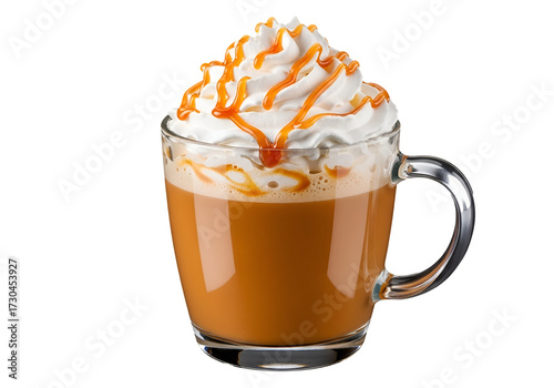 A delicious, caramel-topped, whipped cream latte in a clear glass mug, showcasing rich caramel and creamy white whipped cream, sits against a pure black background.