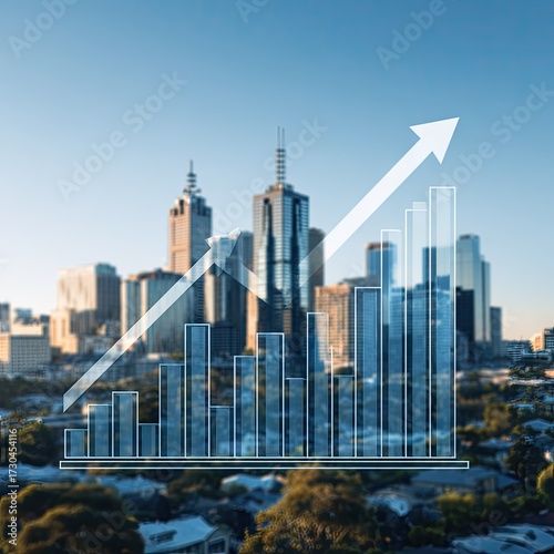 City skyline with upward trend graph overlay representing growth