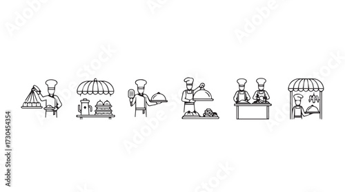 Chef and food stall icons representing culinary business and street food entrepreneurship vector
