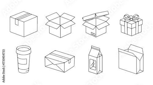 Collection of hand drawn shipping and packaging boxes in isometric view outline style vector