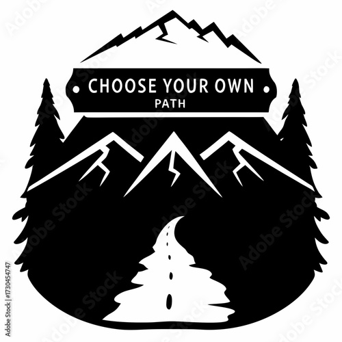 Inspirational outdoor scene with mountain road and forest emblem illustration