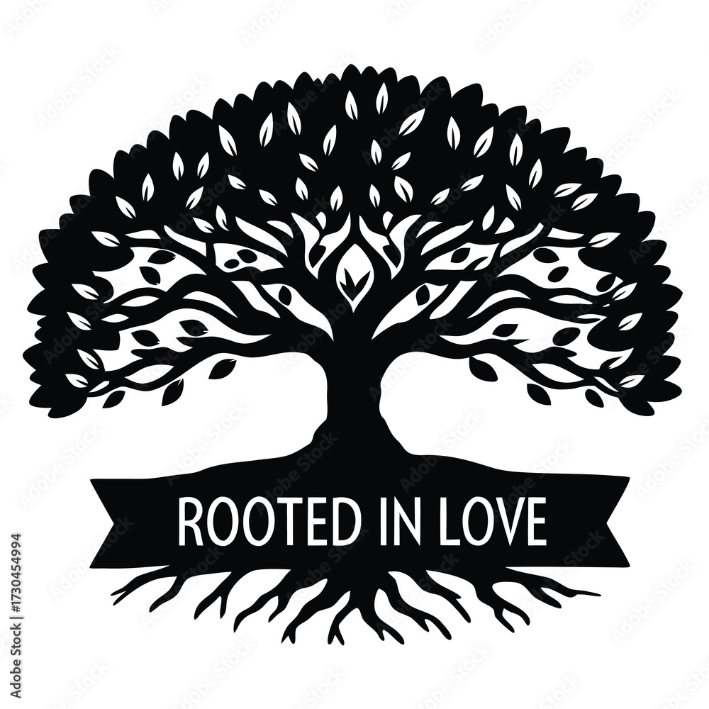 Naklejka premium Symbolic tree with leaves and roots representing being rooted in love concept