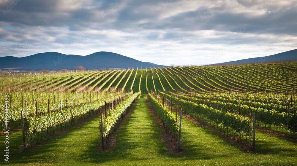 Fototapeta premium Serene vineyard landscape with orderly grapevine rows under natural sunlight, evoking tranquility and growth.